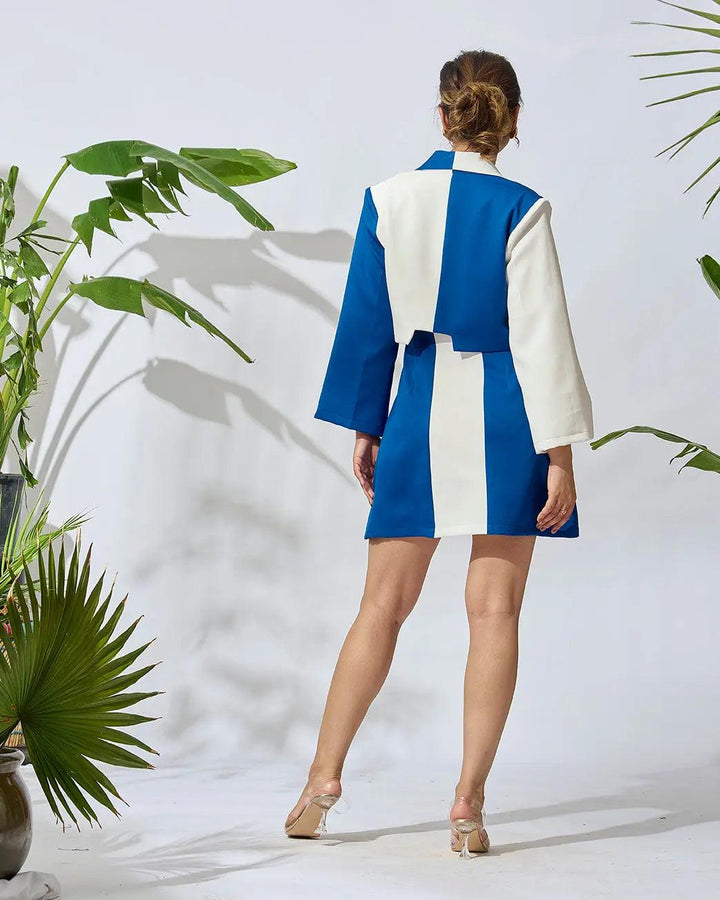 Risate Co-ord Set in Blue and White with Long Sleeves and Mini Dress Style from the Back