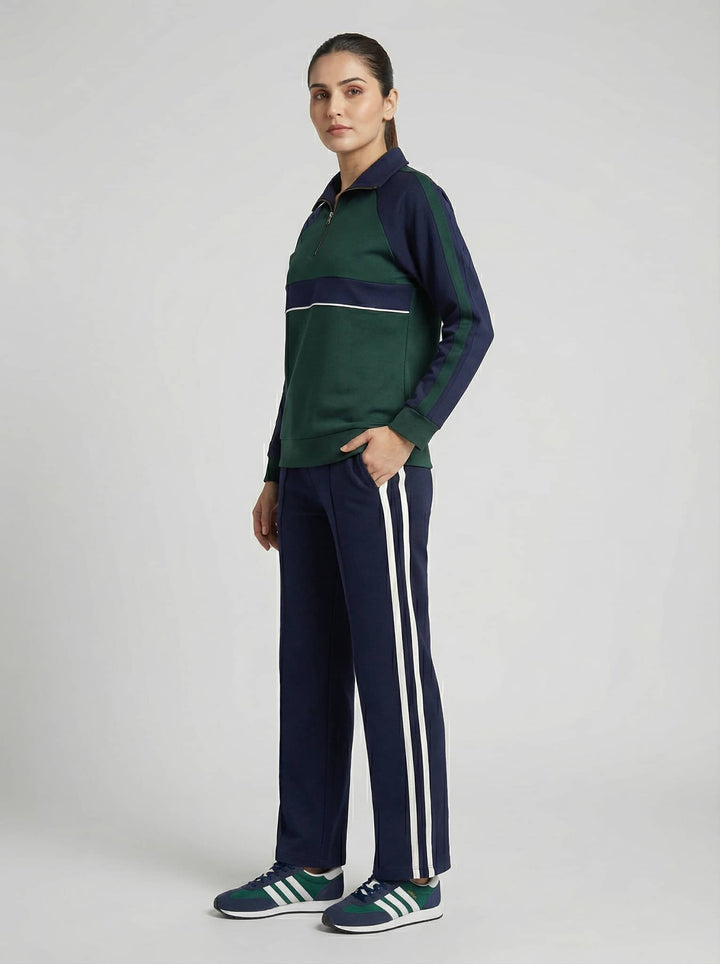Emerald navy luxe trackset for women featuring a zip-up top and matching track pants