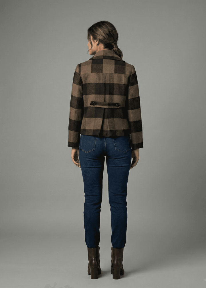 Risate espresso checkered cropped jacket featuring a stylish design and a tailored fit for modern outfits