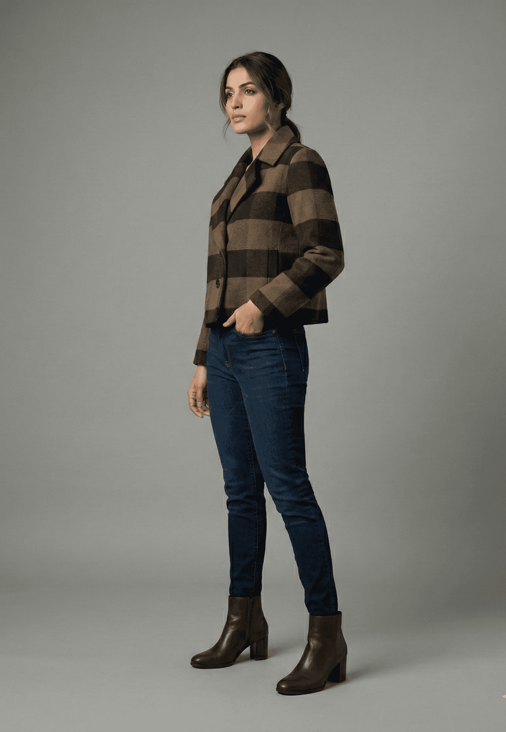 Risate espresso checkered cropped jacket styled with dark jeans and ankle boots