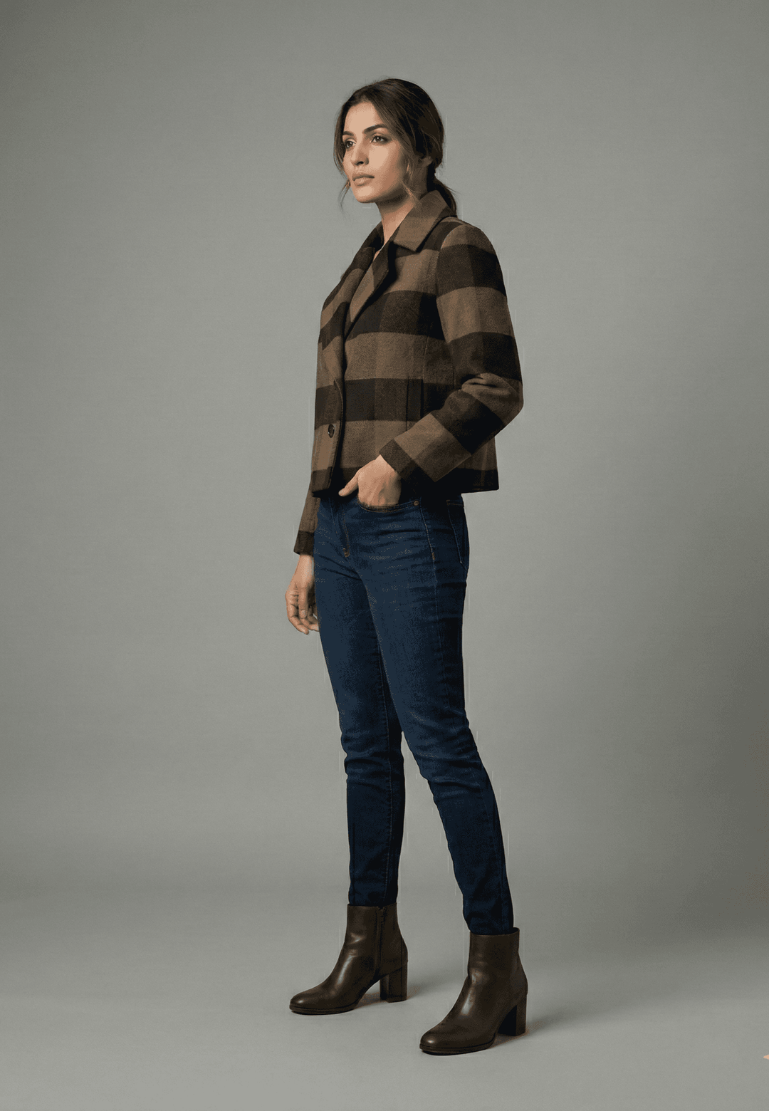 Risate espresso checkered cropped jacket styled with dark jeans and ankle boots