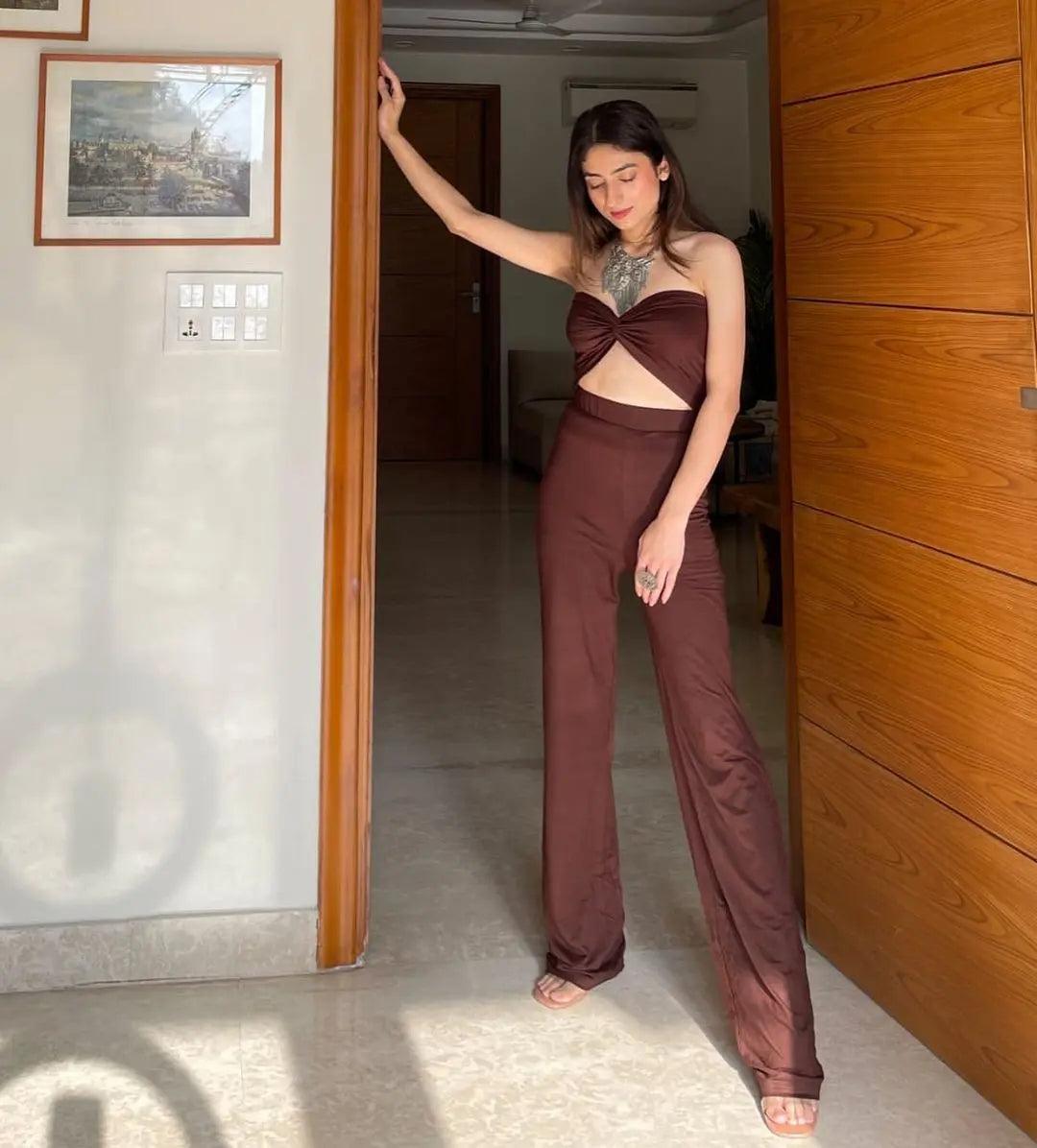 Risate front knot off shoulder jumpsuit in chocolate brown with a stylish cutout design