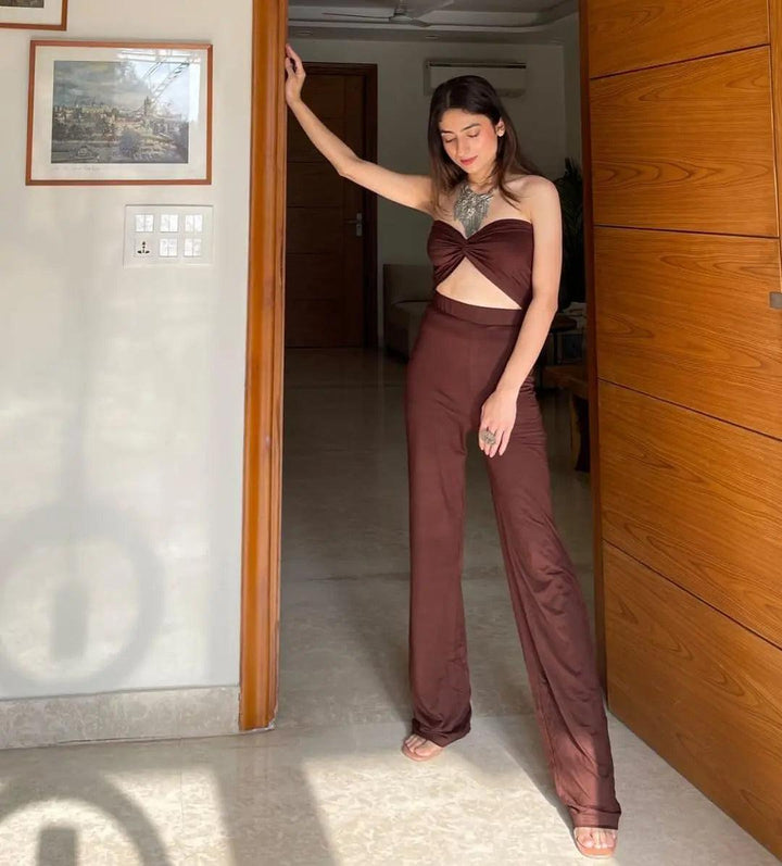 Risate front knot off shoulder jumpsuit in chocolate brown with a stylish cutout design