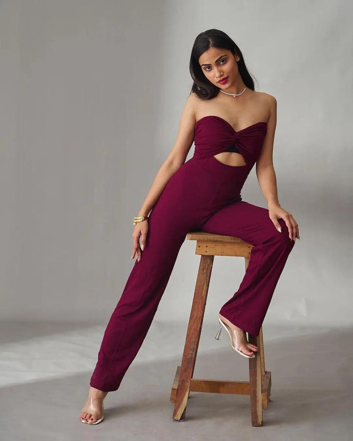 Risate front knot off shoulder jumpsuit in burgundy with cutout design for stylish summer wear