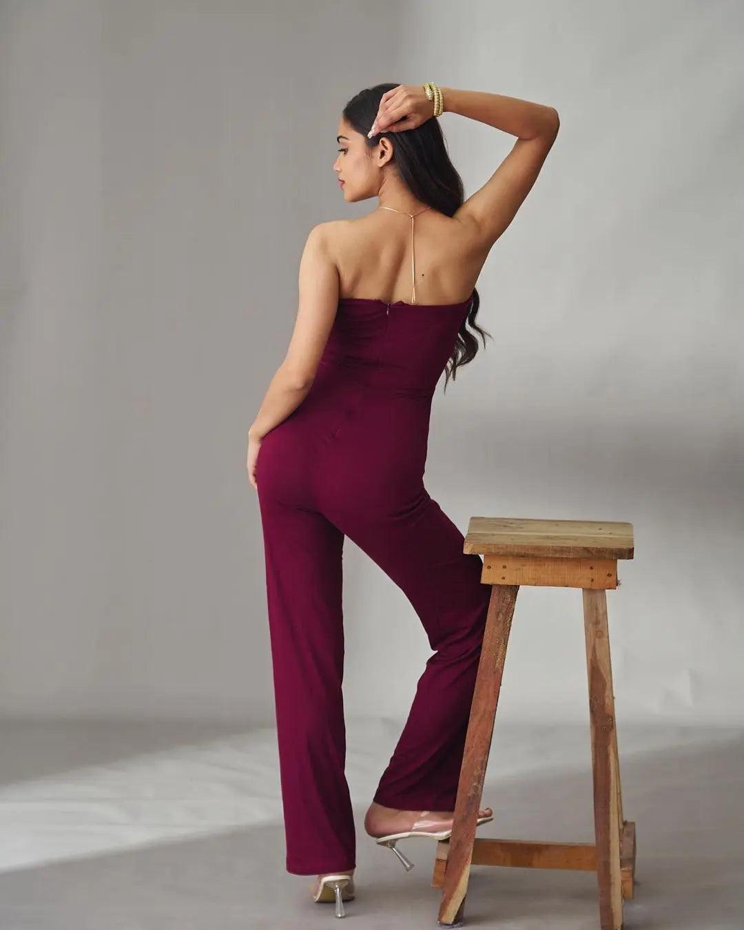 Risate front knot off shoulder jumpsuit in burgundy, perfect for stylish summer outings