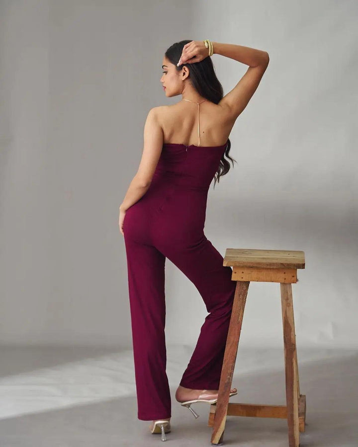 Risate front knot off shoulder jumpsuit in burgundy, perfect for stylish summer outings
