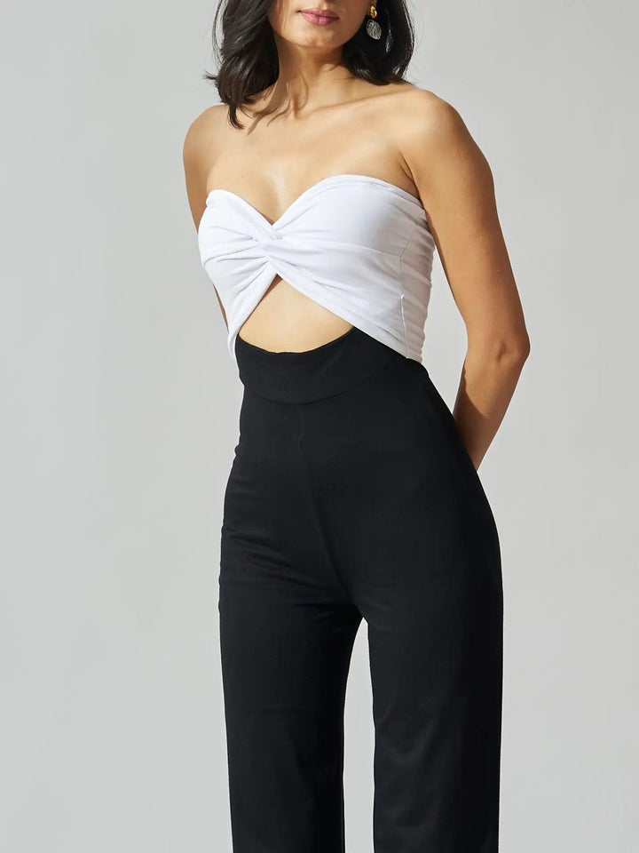 Risate front knot off shoulder jumpsuit in black and white for stylish summer outings