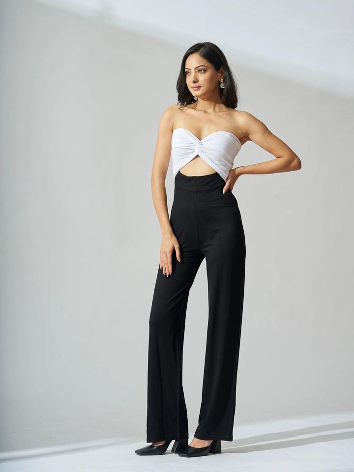 Risate front knot off shoulder jumpsuit in black and white with a stylish design and flattering fit