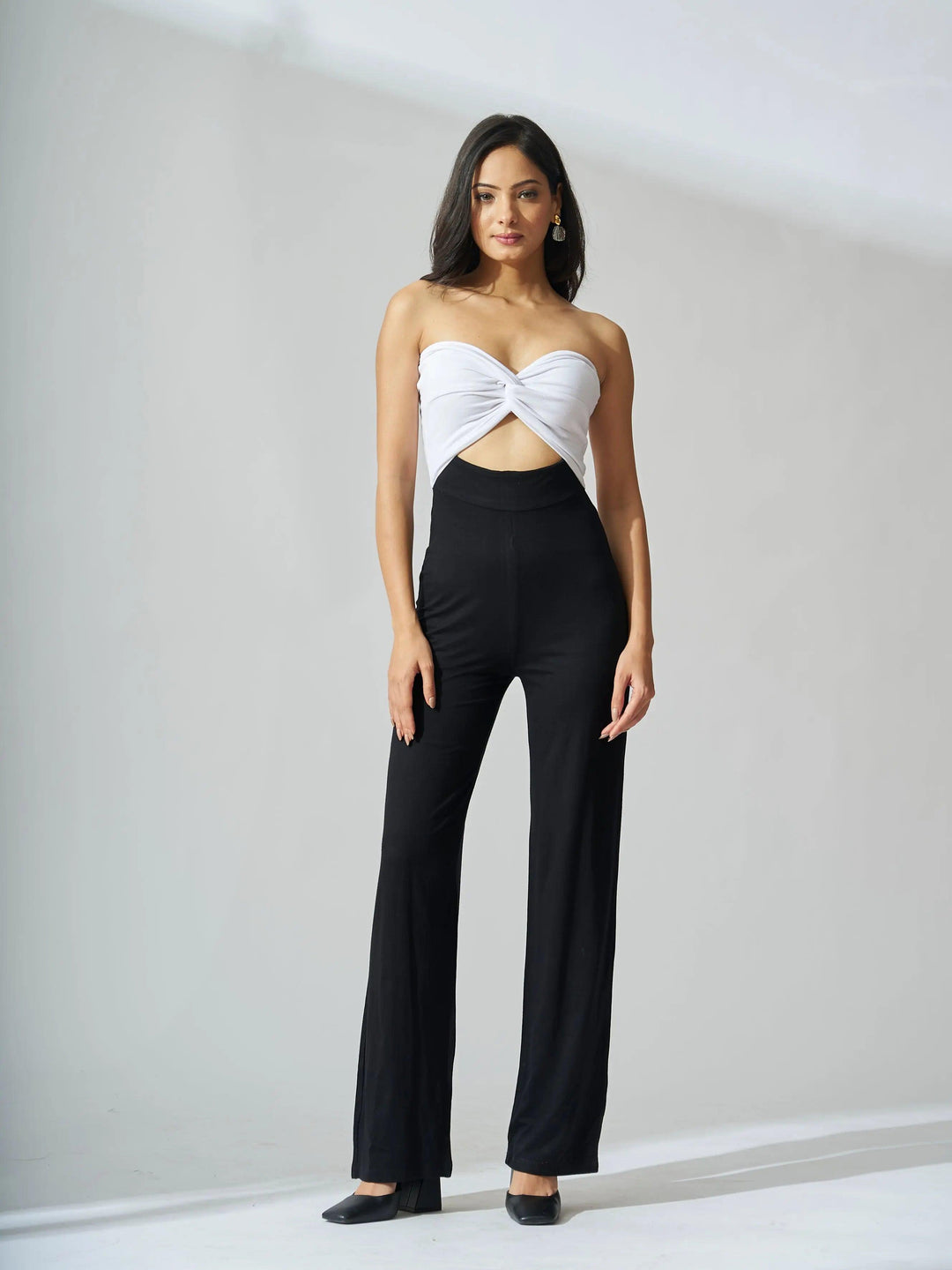 Risate front knot off shoulder jumpsuit in black and white for stylish summer outings