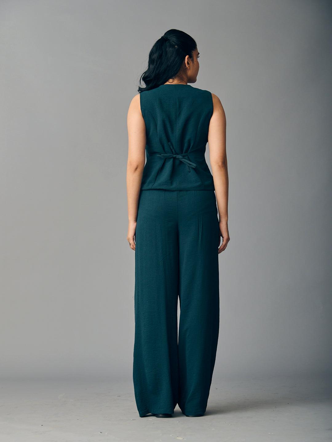Stylish Risate front tie waist coat and pants set in dark green, perfect for chic outfits.