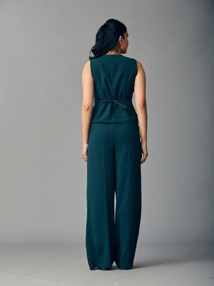 Stylish Risate front tie waist coat and pants set in dark green, perfect for chic outfits.