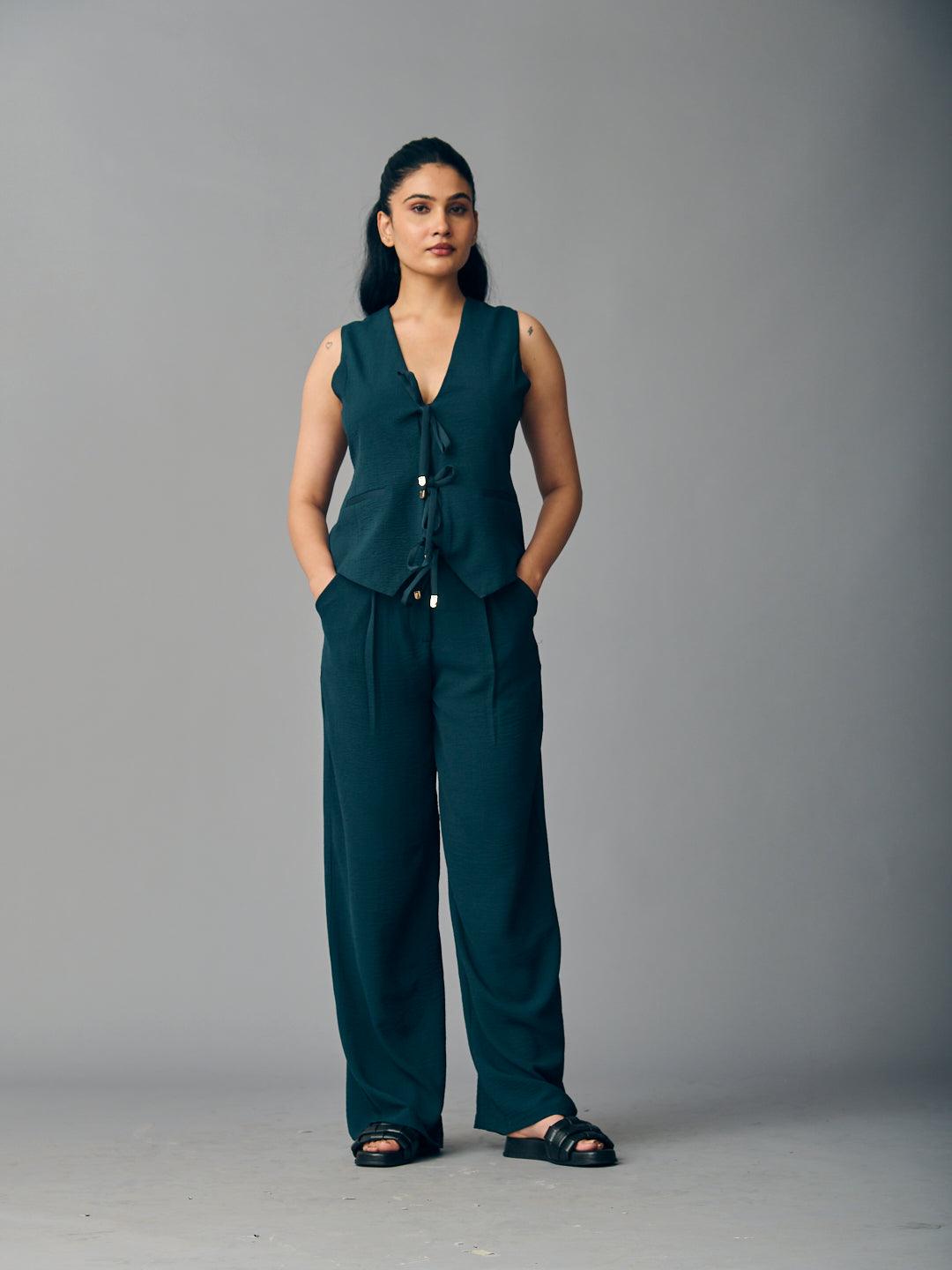 Risate front tie waist coat and pants set in dark green for a stylish and chic look