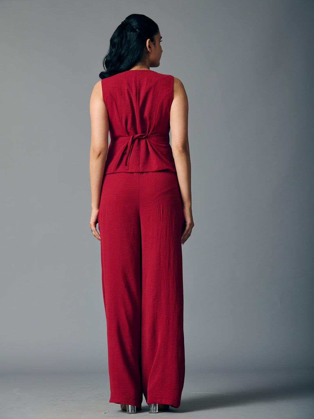 Risate front tie waist coat and pants set in burgundy with a stylish back view