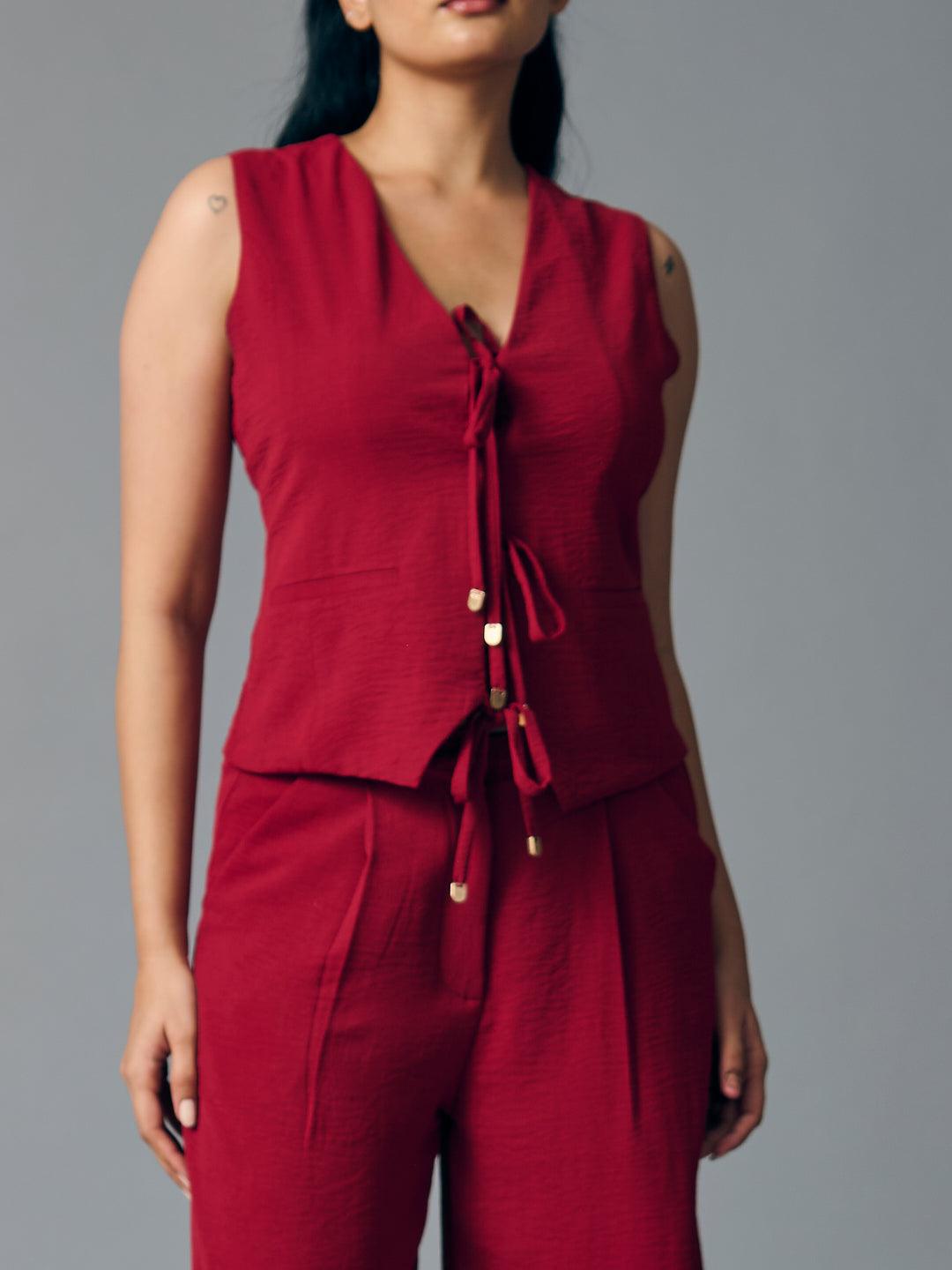 Risate front tie waist coat and pants set in rich red color for a stylish and comfortable look
