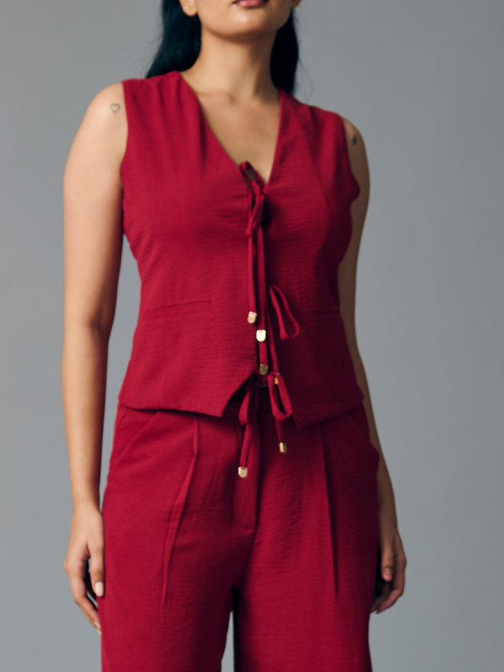 Risate front tie waist coat and pants set in rich red color for a stylish and comfortable look
