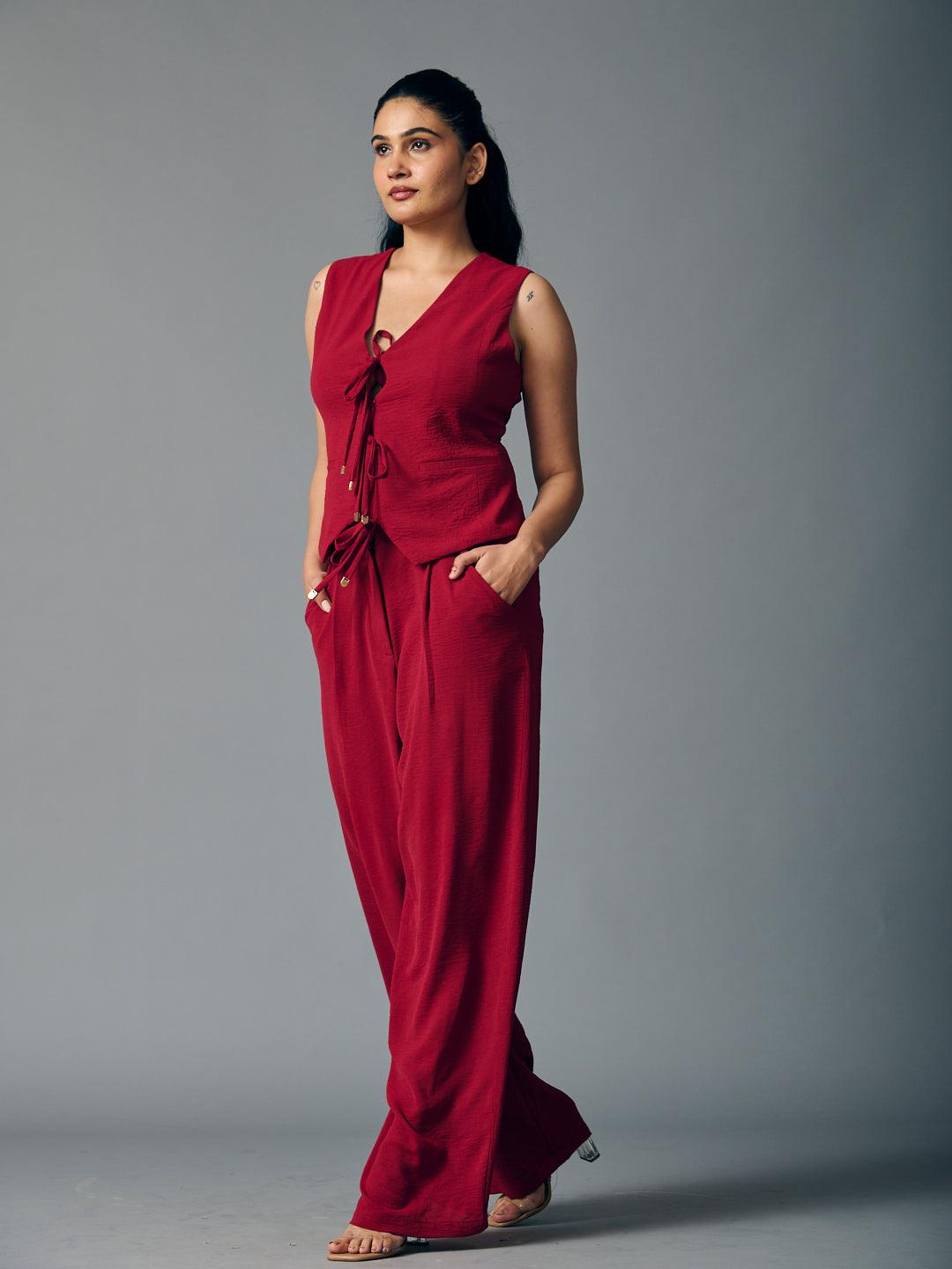 Risate front tie waist coat and pants set in red with stylish pockets and a chic design