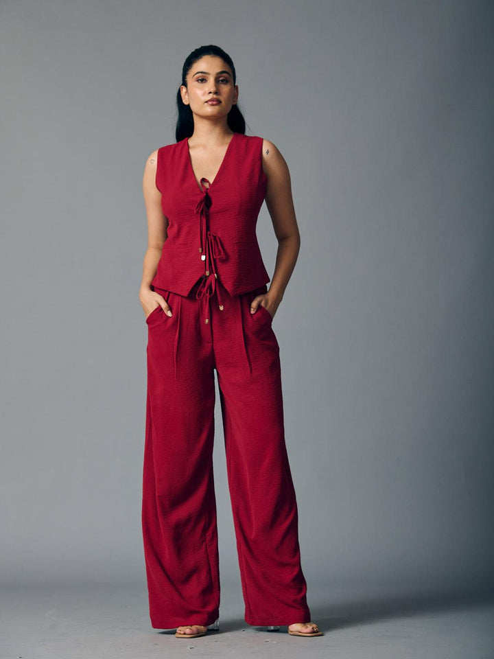 Risate front tie waist coat and pants set in burgundy with a stylish sleeveless design