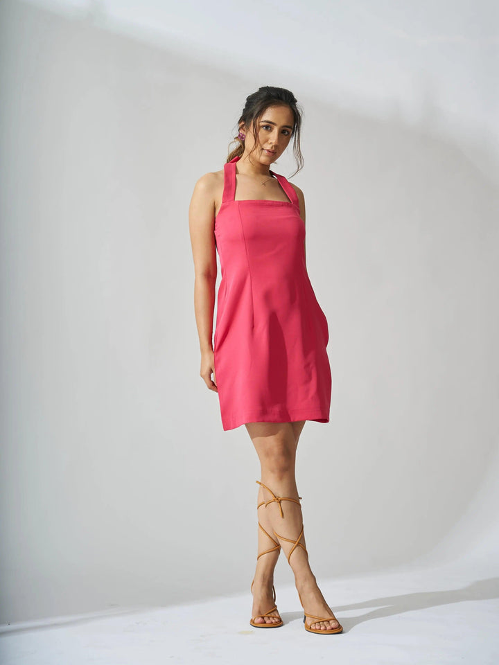 Risate halterneck crepe mini dress in bright pink with a flattering silhouette and stylish design