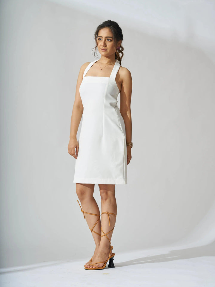 Risate halterneck crepe mini dress in white with a fitted silhouette and stylish design
