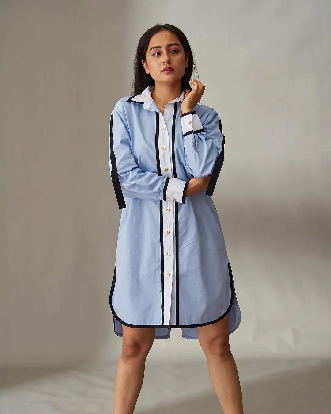Risate Impressionist cotton shirt dress in light blue with contrasting details and button front