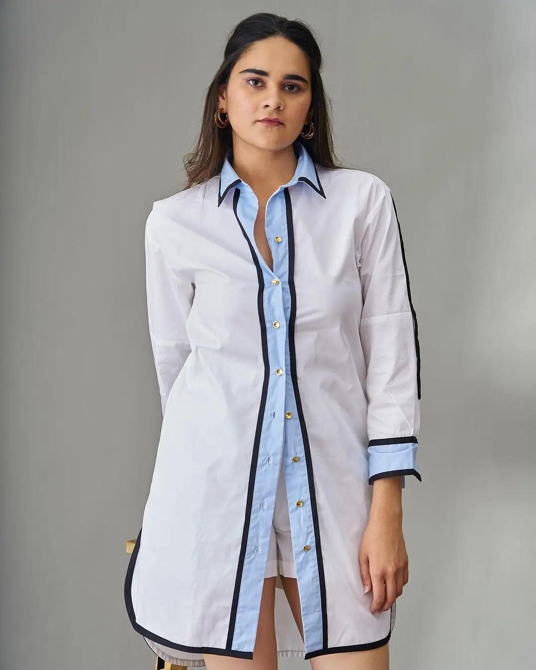 Risate Impressionist cotton shirt dress in white with contrasting blue details and button closure