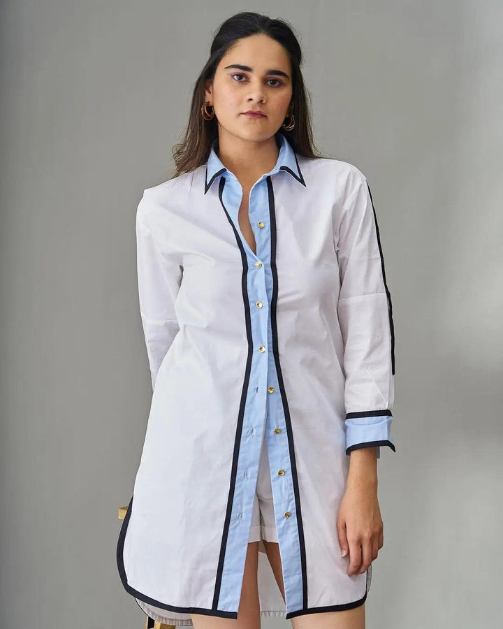 Risate Impressionist cotton shirt dress in white with contrasting blue details and button closure