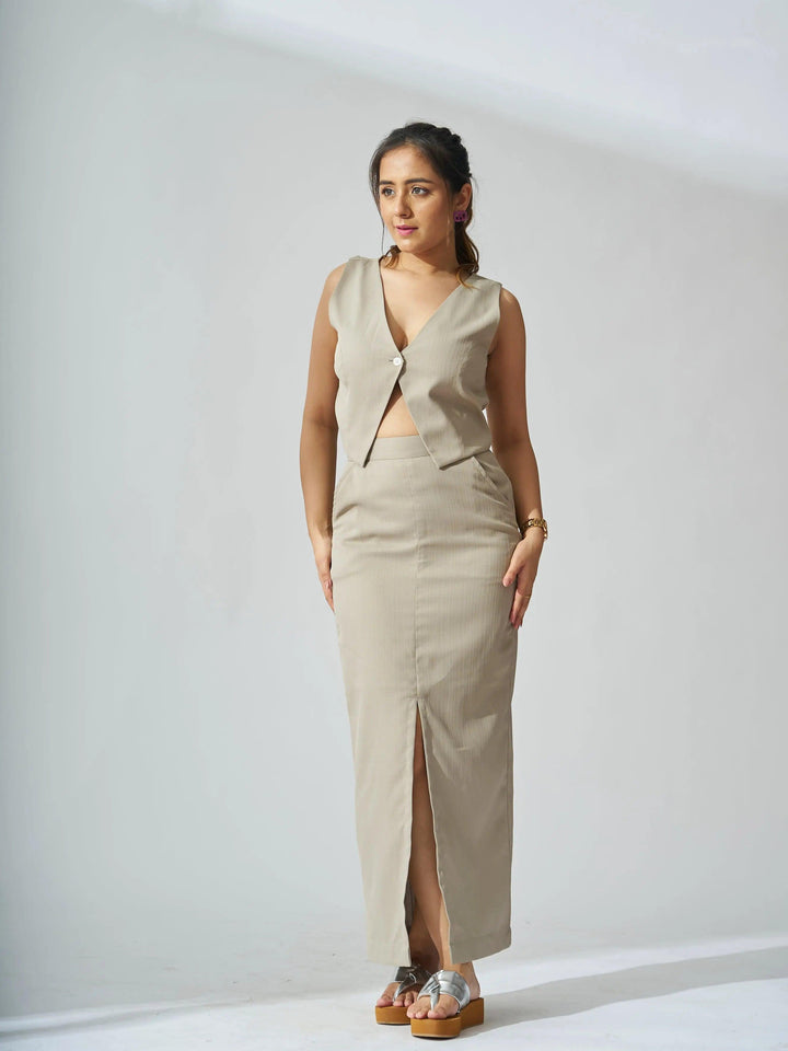 Risate ivory cutout co-ord set for women featuring a stylish top and skirt with a slit