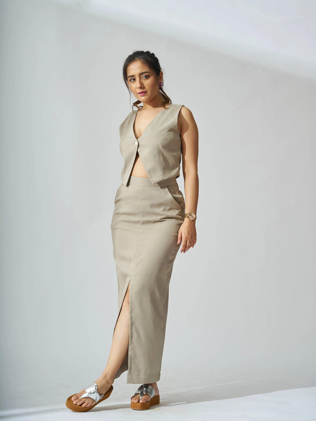 Elegant ivory cutout co-ord set for women featuring a stylish top and skirt combination