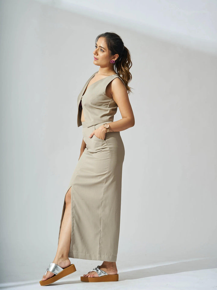 Ivory cutout co-ord set for women featuring a stylish top and maxi skirt for a chic look