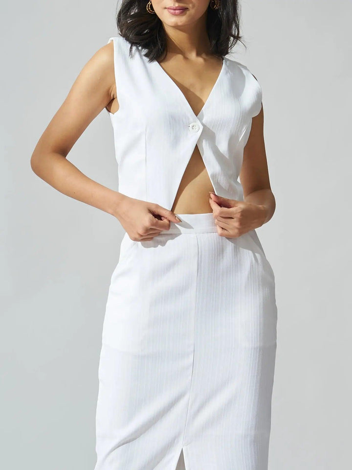 Risate ivory cutout co-ord set for women with a stylish crop top and fitted skirt.