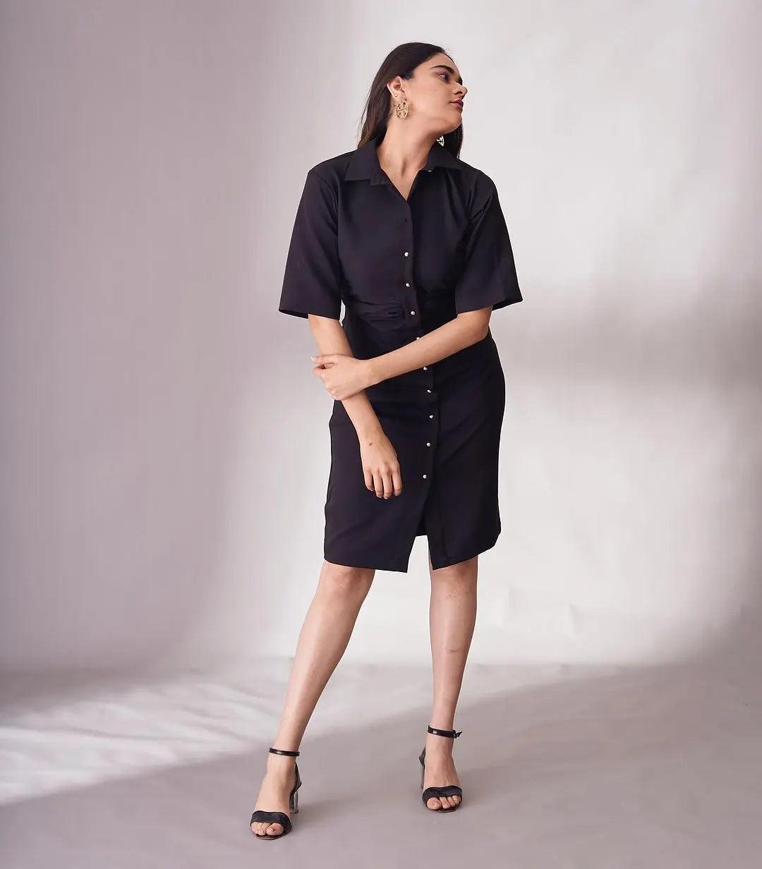 Risate Black Knee Length Dress for Women with Short Sleeves and Button Details