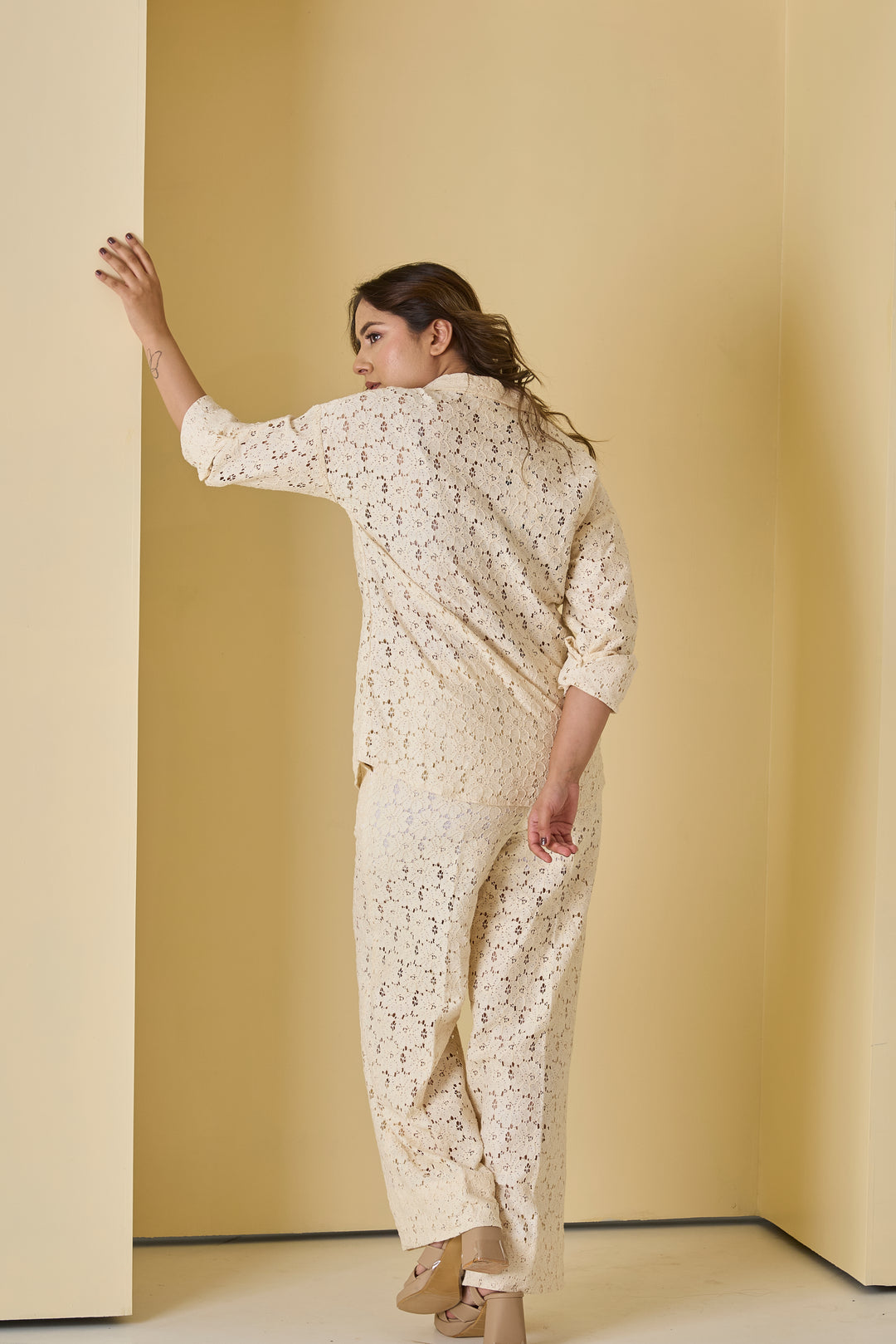 Back view of a stylish lace co-ord set for women in cream, perfect for casual or chic occasions