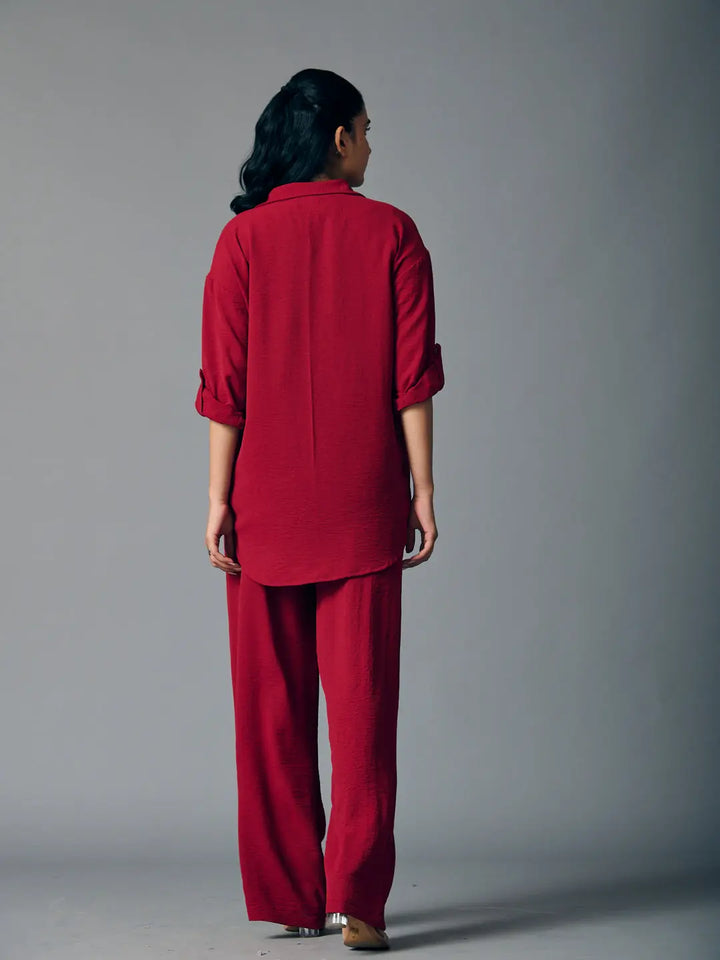 Risate latte shirt and flared pants set in a stylish burgundy color for a chic outfit