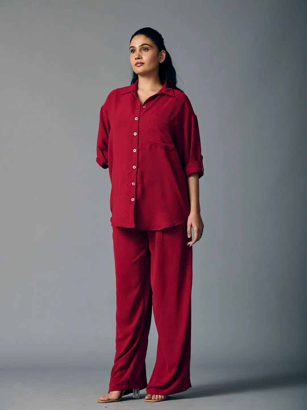 Risate latte shirt and flared pants set in rich burgundy for a stylish co-ord look