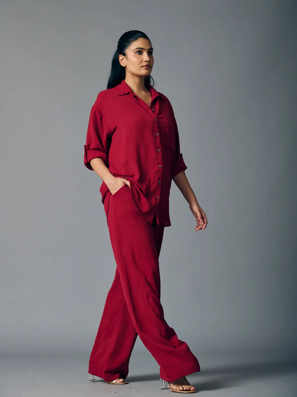 Risate latte shirt and flared pants set in rich burgundy for a stylish and comfortable look