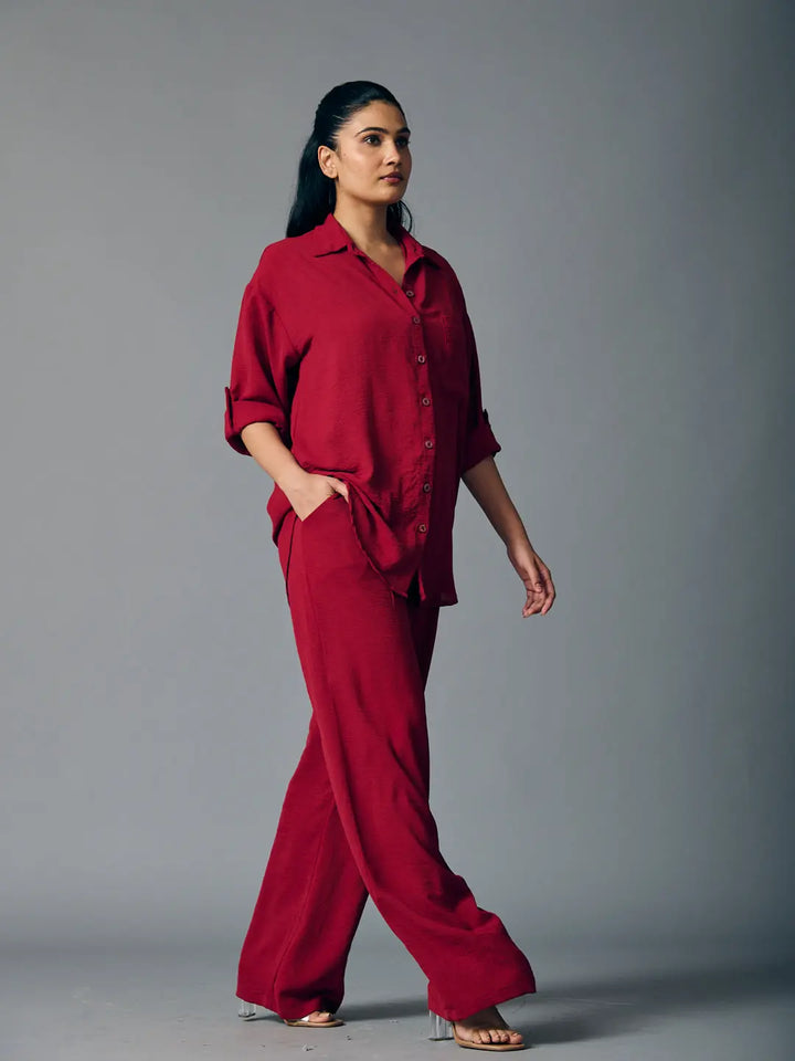 Risate latte shirt and flared pants set in rich burgundy for a stylish and comfortable look