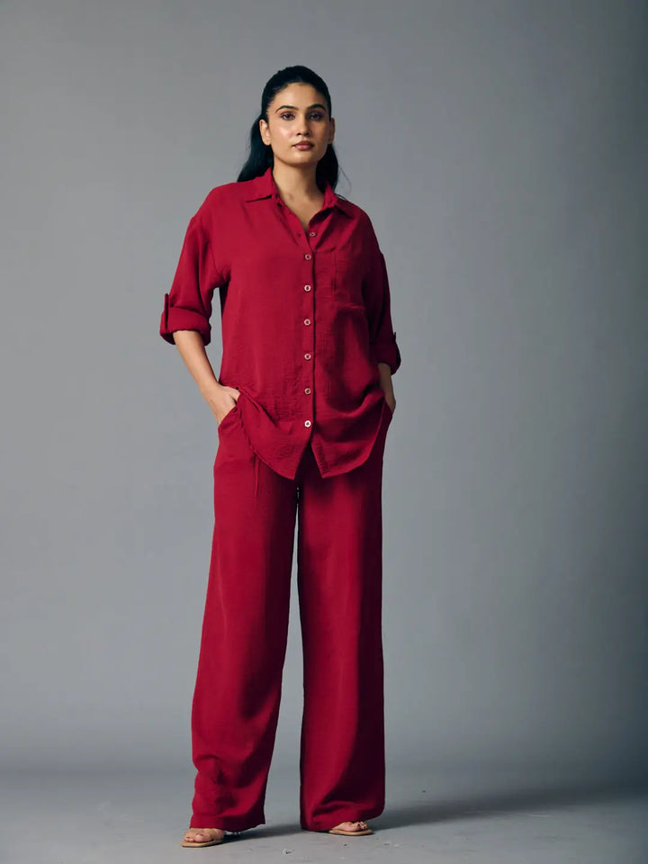 Risate Latte shirt and flared pants set in rich burgundy for a stylish, coordinated look