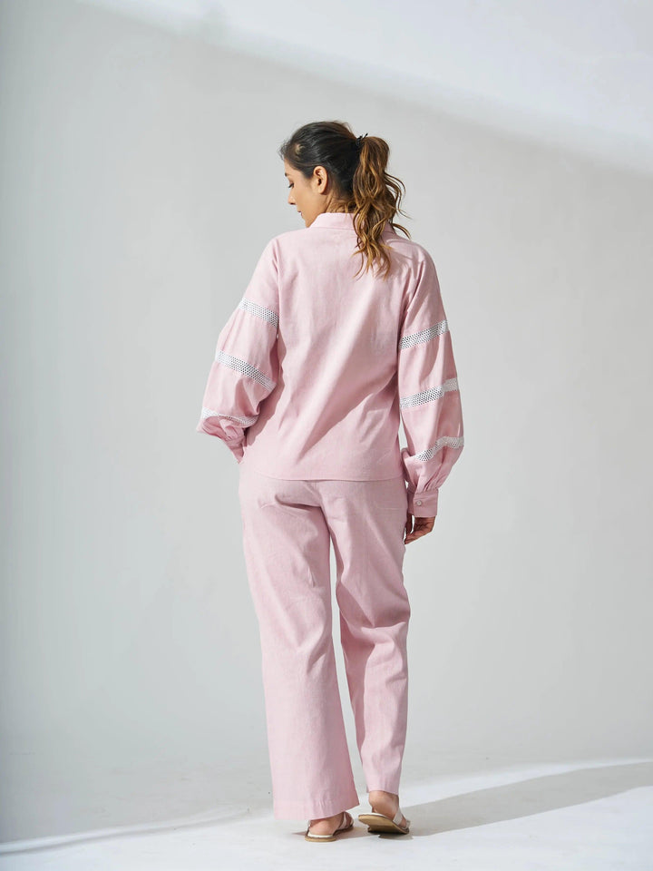 Risate linen blend shirt and pants set for women in pink with stylish puff sleeves