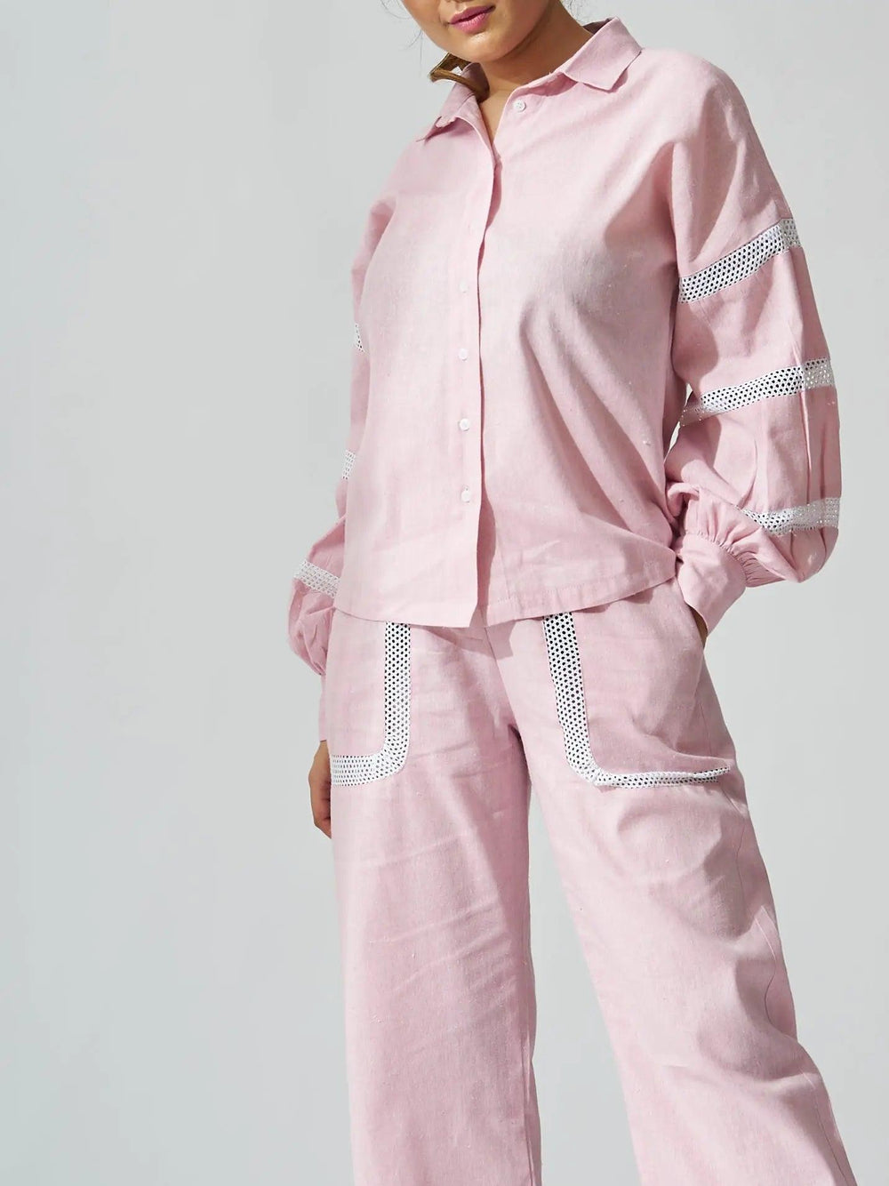 Risate linen blend shirt and pants set for women in soft pink with stylish detailing