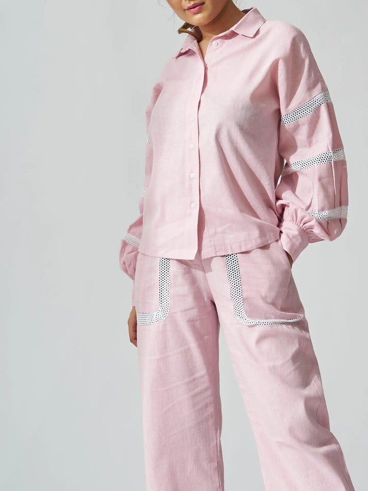 Risate linen blend shirt and pants set for women in soft pink with stylish detailing