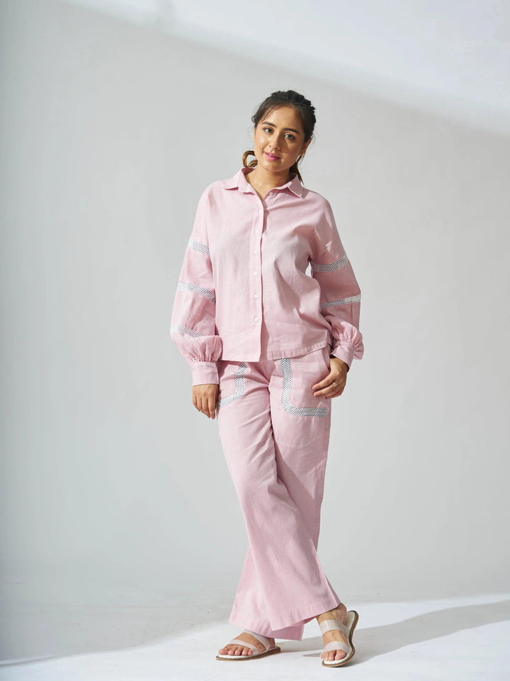 Risate linen blend shirt and pants set for women in pink with stylish design and relaxed fit