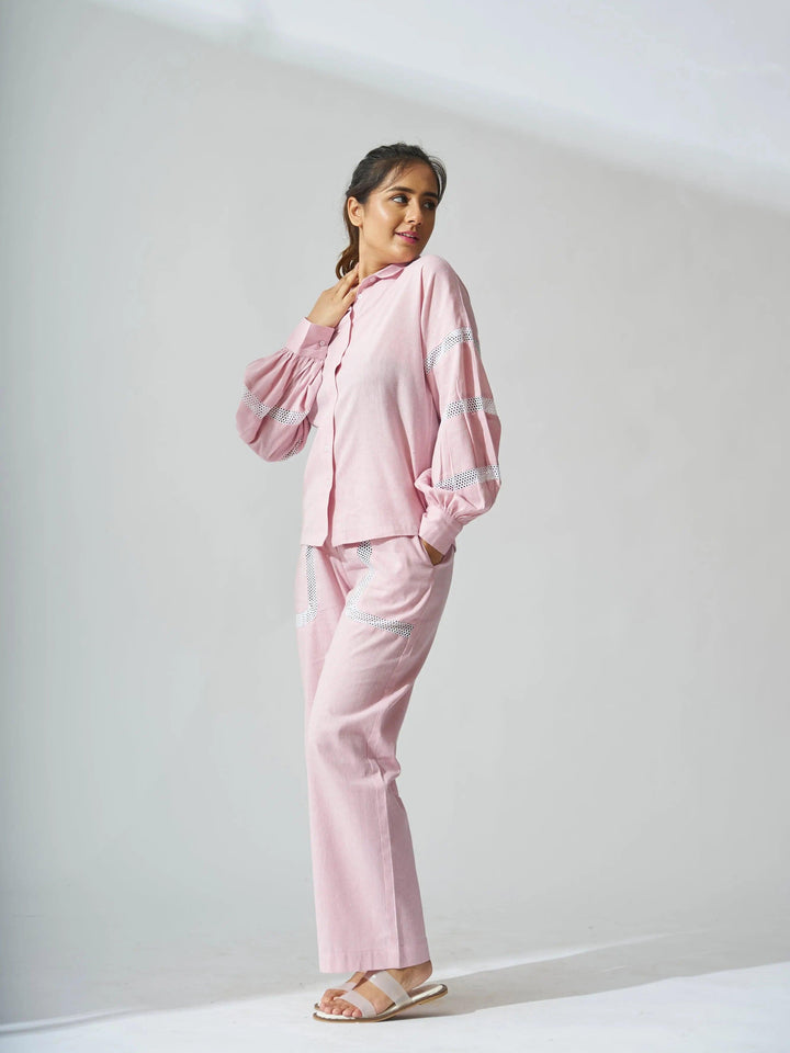Risate linen blend shirt and pants set for women in pink with stylish sleeves and comfortable fit