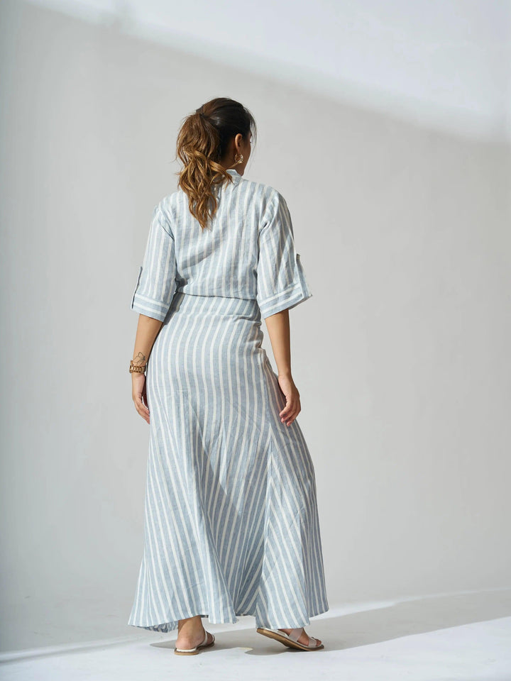Risate Linen Co-ord Set for women featuring a stylish striped design and a long flowy skirt