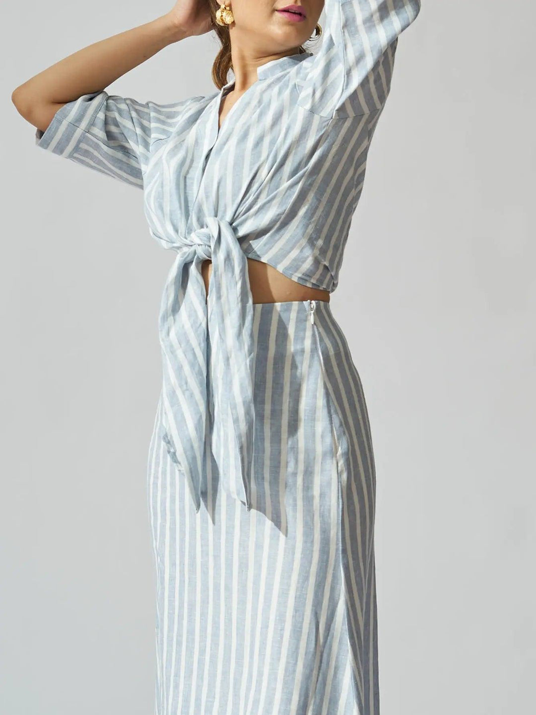 Risate linen co-ord set for women featuring a tied crop top and a matching long skirt