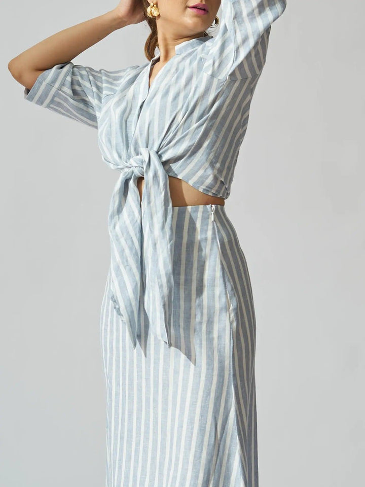 Risate linen co-ord set for women featuring a tied crop top and a matching long skirt