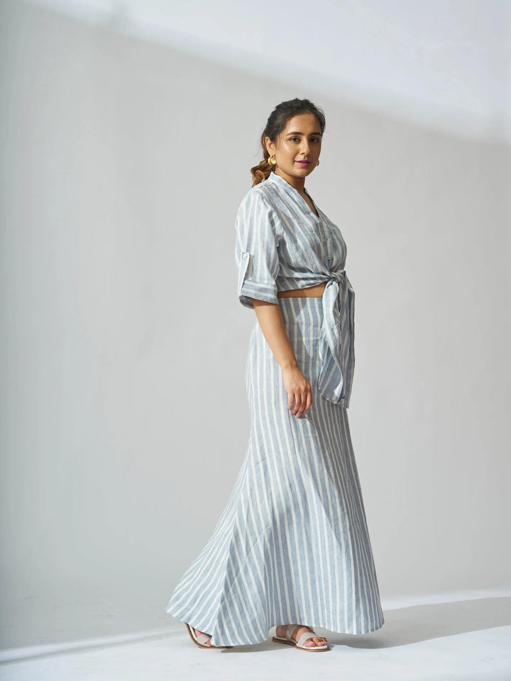 Risate Linen Co-ord Set for Women featuring a cropped top and flowy skirt in a stylish blue stripe design
