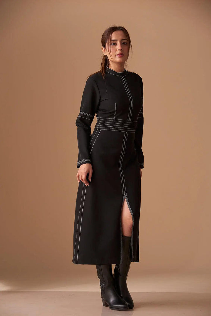 Risate long sleeve mock neck dress for women in black with stylish seam details and a side slit