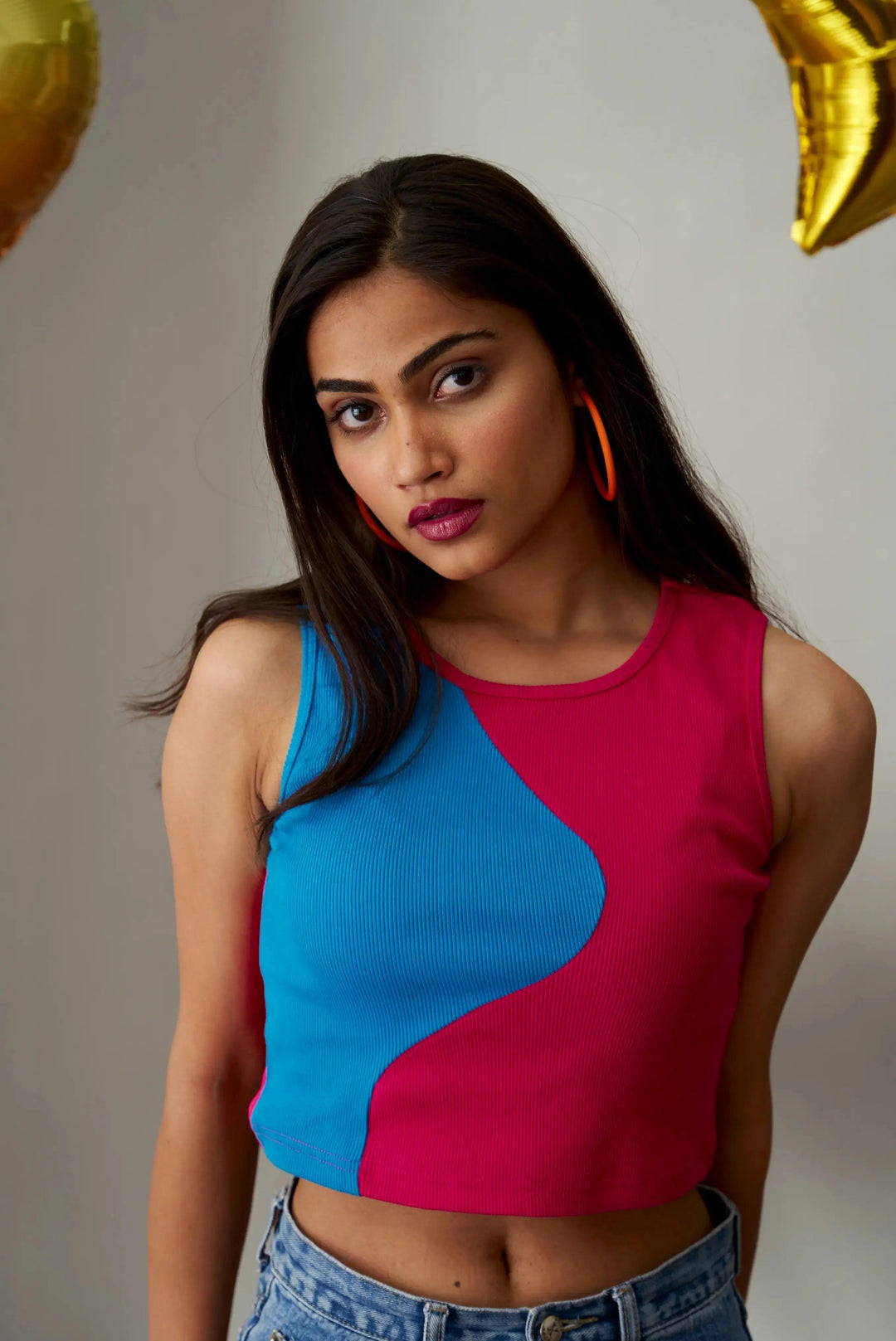 Mia crop top for women in pink and blue color block design, perfect for casual outings