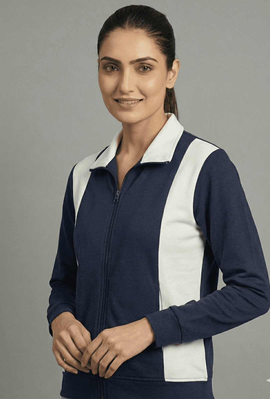 Navy contrast co-ord set for women featuring a zip-up jacket with white panels