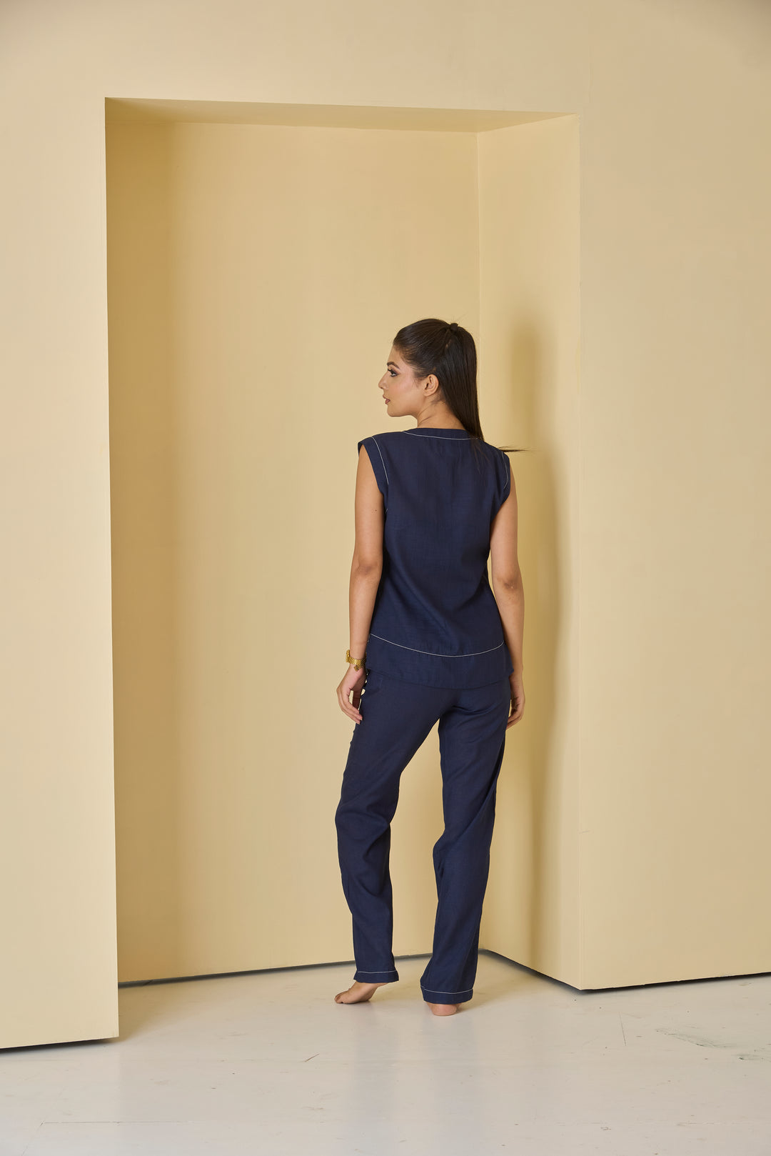 Navy linen co-ord set for women featuring a relaxed fit top and tailored pants